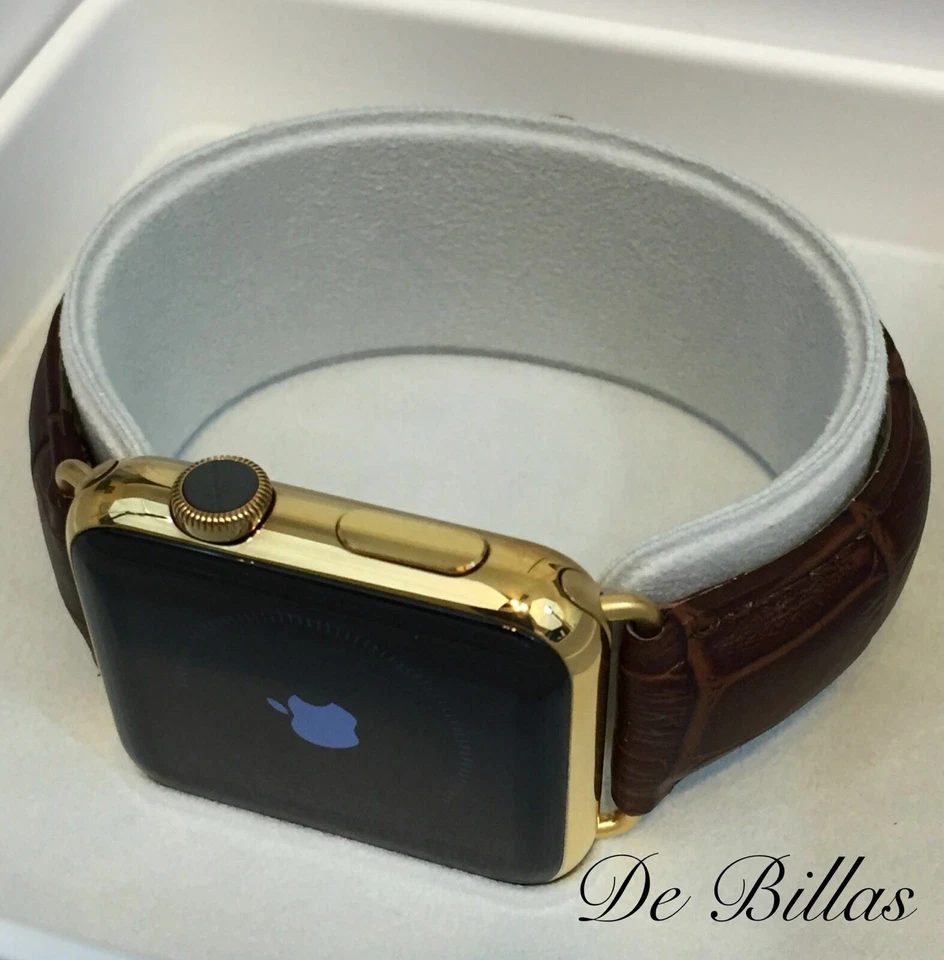 24K Gold Plated 42MM Apple Watch SERIES 2 Crocodile Brown Leather Gold Buckle - Image 2 of 4