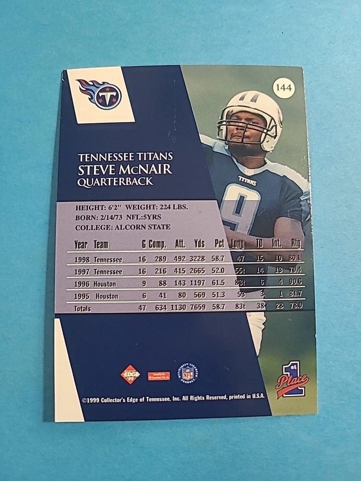 STEVE McNAIR 1999 COLLECTOR'S EDGE 1ST PLACE FOOTBALL CARD # 144 H9642 - Image 2 of 2