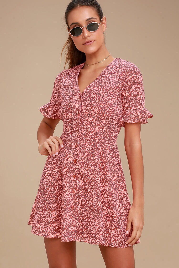 Lulus Red Pattern Button Up Dress - image 2