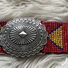 Vtg Southwestern Seed Bead Red Concho Style Belt Elastic Adjustable To 32 Waist