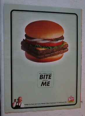 2000 WENDY'S Fast Food Print Ad ~ Dave Thomas Hamburger All it Takes is Bite Me