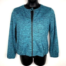 Halston H bomber knit jacket 16 aqua blue space dye stretch A288441 Mesh trim
