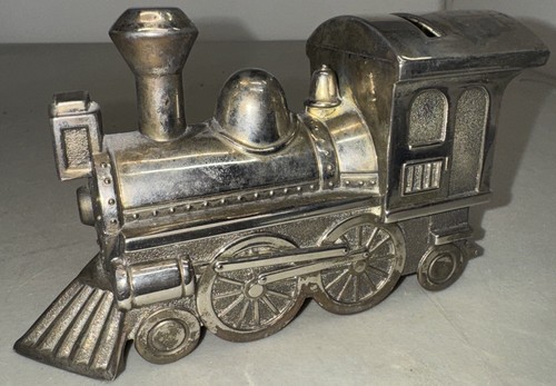 Train Locomotive Engine Metal Coin Piggy Bank Silver Plated Vintage 3.25" Tall