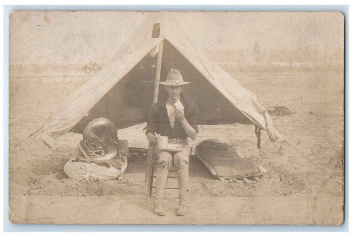 c1910's Camping Tent Tuba Military Band Spanish War WWI RPPC Photo Postcard