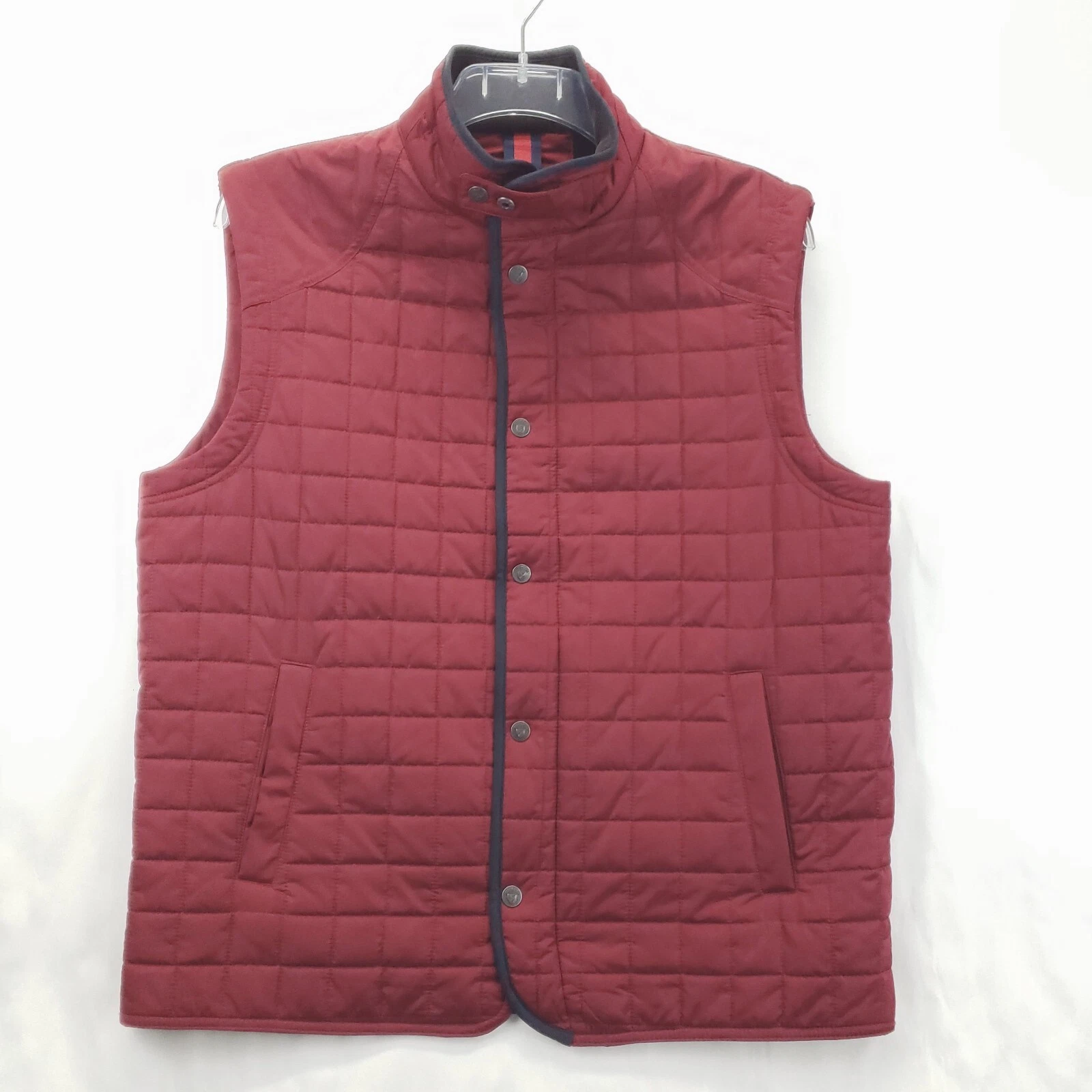 Cremieux Vest Quilted Vest Mens L Red Blue Pockets Mock Neck Full Zip Snap