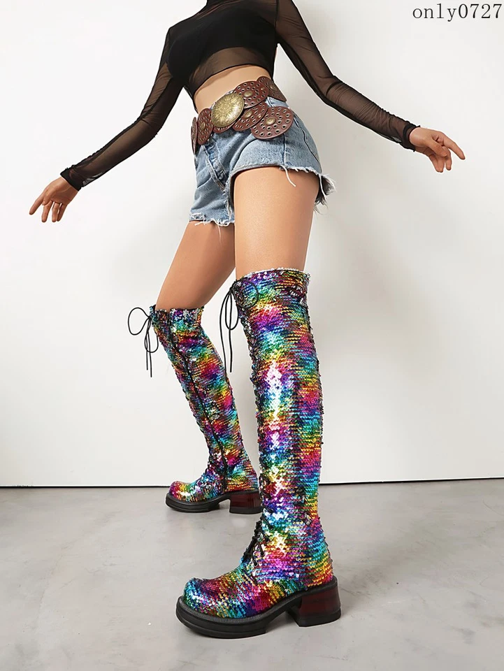 Botas brillantes con lentejuelas hasta la rodilla para mujer con plataforma con cordones zapatos brillantes Foto 3 de 4