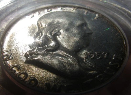 1957 Silver Franklin Half Dollar PCGS MS65 Lightly Toned Gem