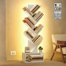 6 Tier Tree Bookshelf, Tall Bookcase with Drawer, Freestanding Book Shelf wit...