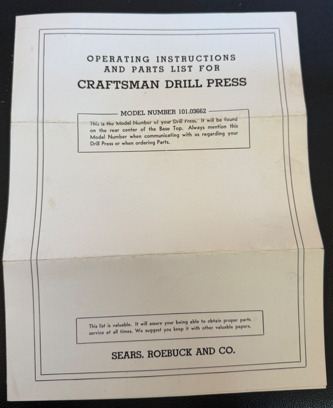 Vintage Craftsman 101.03662 Drill Press Operating Instructions Parts ...
