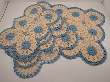 5 Vintage Crochet Lace Medallion Table Runner  Placemat Doily Set Blue Cream