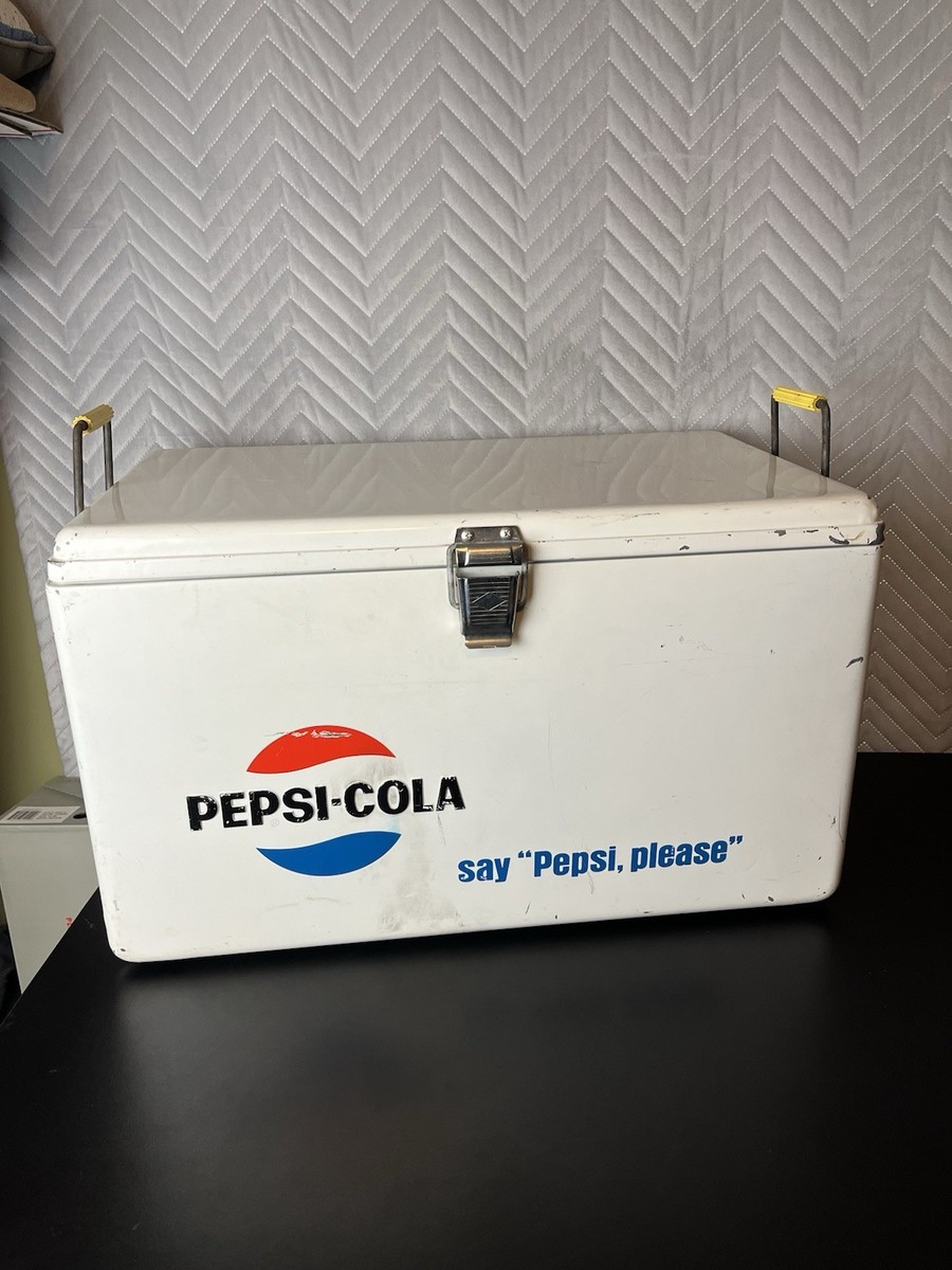 Vintage Metal White Pepsi Soda Cooler USA Say Pepsi Please Camping