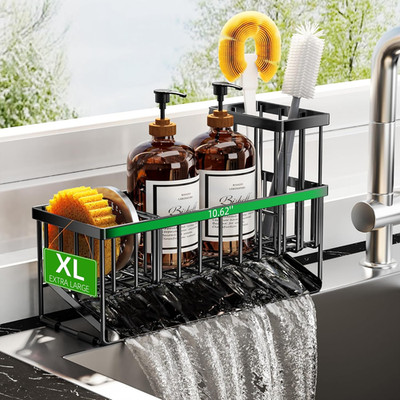 Extra Large Kitchen Sink Caddy Organzier with High Brush Holder, Sponge Holder f