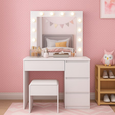 Dressing Table With Mirror LED Light, Stool, Drawer - Makeup Desk Vanity Table