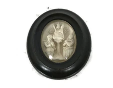 antique mini small wall hanging meerschaum Our Lady of Montaigu framed convex gl