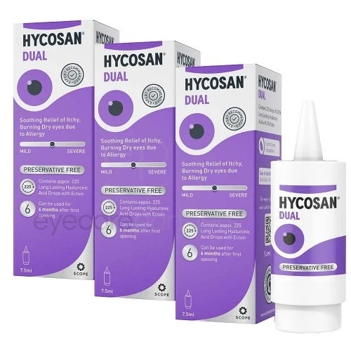 3 X Hycosan Dual Eye Drops 7.5ml Lipid Deficient & Allergy Related Dry Eye Scope