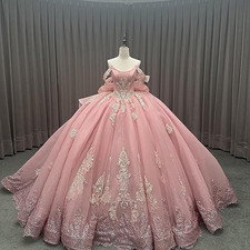 Pink Quinceanera Dresses with Bow Sparkly Lace Ball Gown Puffy Sweet 16 Dresses