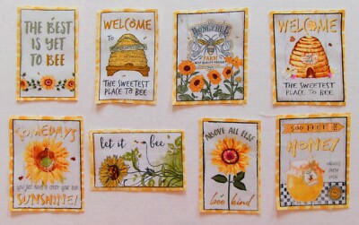 Cotton Fabric  - Honey Bee Themed Squares - Listing is for 1 Set  =  8 Squares