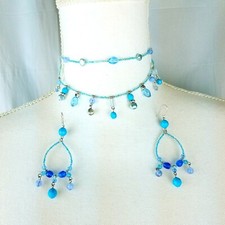 Beaded Choker Necklace Earring Set Blue Dangle Boho Layer Small 13" 3"