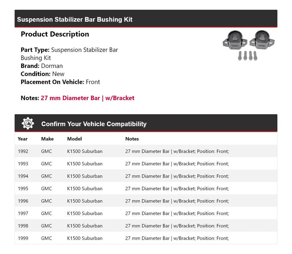 Комплект втулок переднего стабилизатора для 1992-1999 GMC K1500 Suburban Dorman 1993 - Изображение 2 из 4