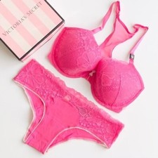 32D SMALL Victoria  s Secret pink lined tshirt demi bra set cotton cheeky panty