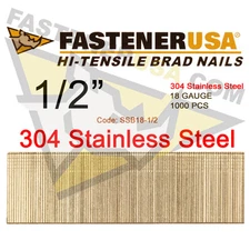 1/2" 18 Gauge Straight Brad Finish Nails Stainless Steel 18 ga (1,000 ct)