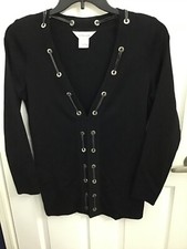 Vtg. Exclusively Misook Black Open Front 2 Hooks Grommets Chains L/S Jacket XS