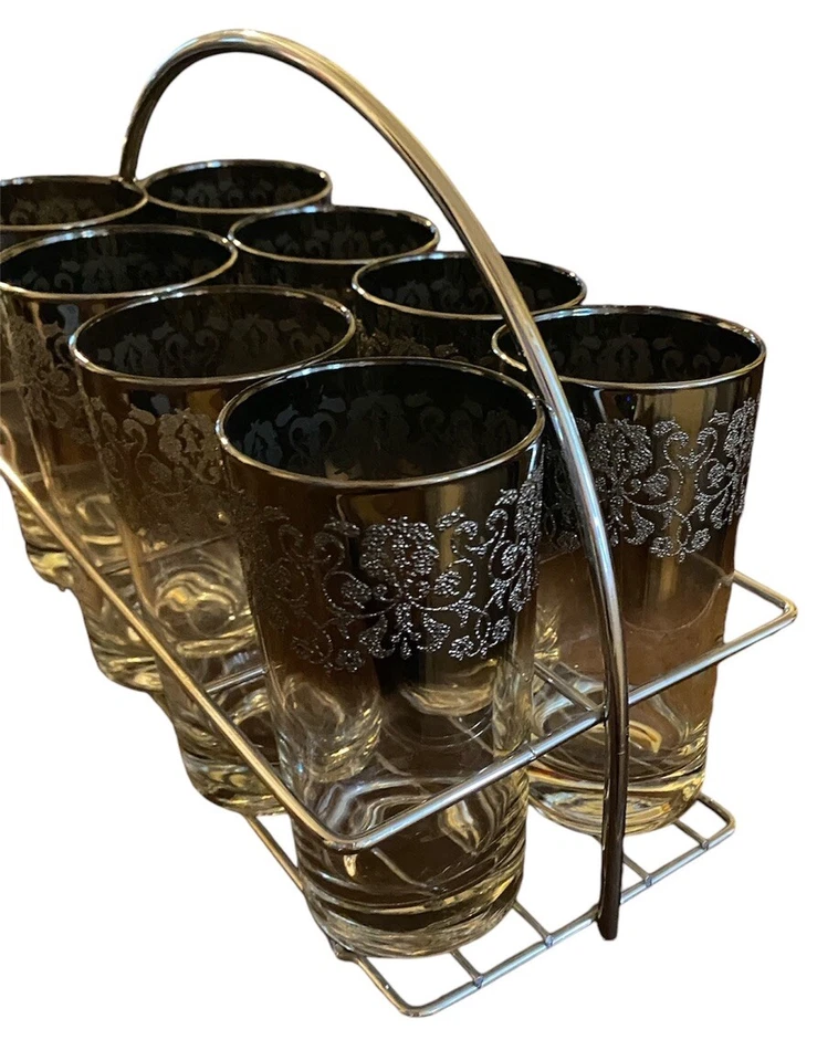 De Colección MCM Floral Esmerilado Plata Ombre Mercury Collins Highball Gafas Metal Caddy Foto 3 de 4