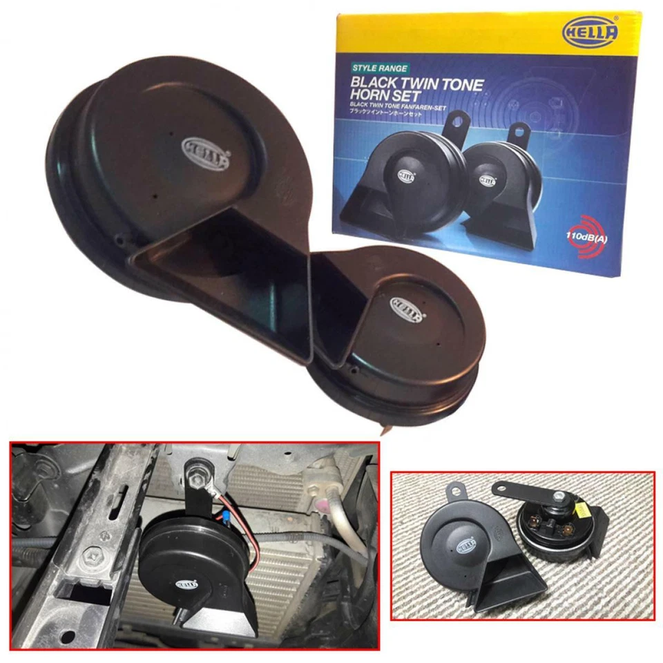 Bocina Doble Hella Negra 3Fh007728-831 Bmw Benz Volvo Lexus Toyota Ford Foto 2 de 4