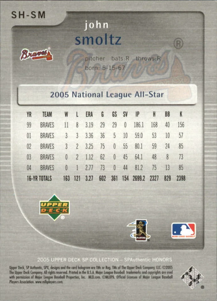 2005 SP Authentic Honors #SM John Smoltz /299 - NM-MT - Image 2 of 2