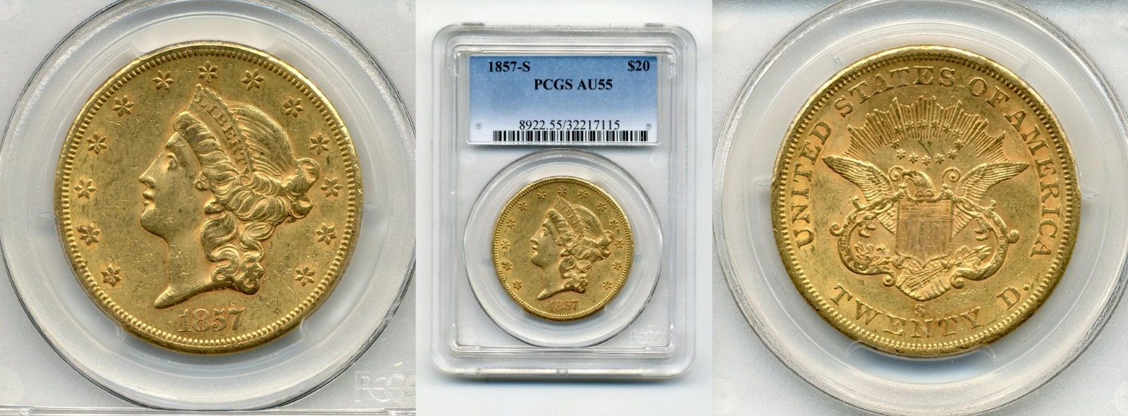 1857 S $20 GOLD TYPE I LIBERTY PCGS AU55