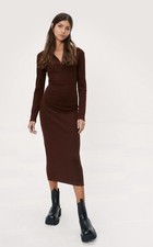 Nasty Gal Chocolate Brown Ribbed Collar Midi Dress XS/0