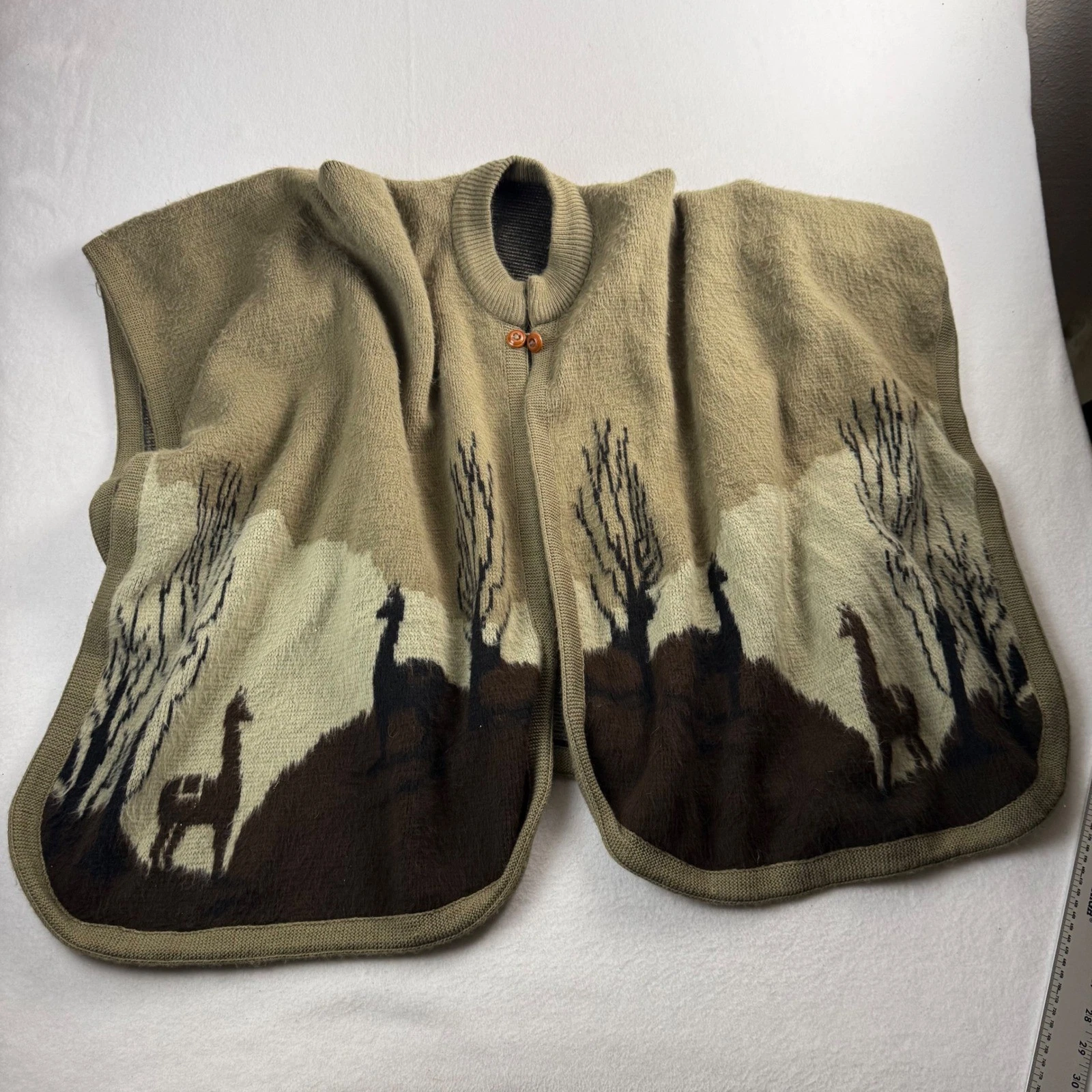 Vintage Llama Landscape Knit Poncho Cape Brown Tan Wool Blend Toggle Wrap