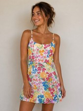 Old Navy Dress Linen Fit & Flare Floral Ruched Pockets Women Size Large