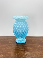 Fenton Blue Hobnail Vase   Small Opalescent Ruffled Edge Bud Vase   Vintage