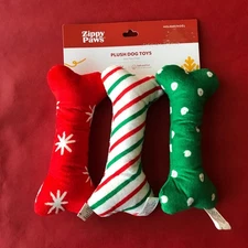 Dog Zippy Paws 3-Pack Holiday FESTIVE BONES Squeaky Plush Dog Toy 7 in New