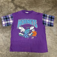 Rare VTG 90s Charlotte Hornets NBA Plaid Sleeve Tee L Single Stitch 100 Cotton