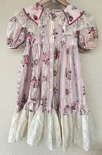 VTG Demitasse Pink Floral Lace Bib Collar Puff Sleeve Dress 6 Eyelet Cottage