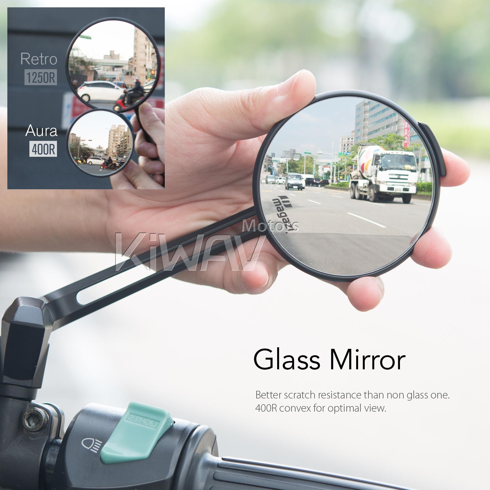 KiWAV black mirrors round AURA sleek adjustable clips 7/8" bars e-bikes bicycles