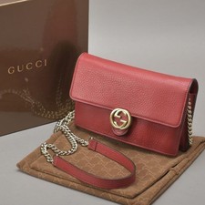 GUCCI 510314 Interlocking G Leather Red Chain Shoulder Bag PB15828