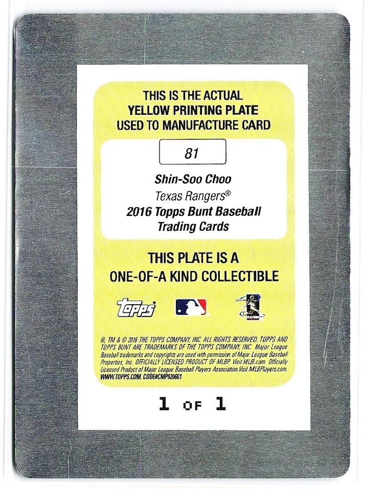 2016 Topps Bunt желтая печатная пластина 1/1 Shin-Soo Choo No81 Texas Rangers - Изображение 2 из 2