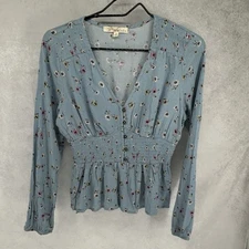 Fairycore Coquette Empire Waist Boho Blouse Long Sleeves Sz M Blue Floral Print