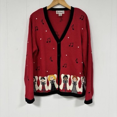 Bechamel Cardigan Sweater Womens L Red Black Music Notes Angel Choir Holiday