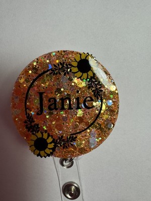Retractable Badge Reel  Summery Sunflower Border With Your Name