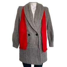 Herman Kay Vintage Pea Double Breasted Coat With Red Scarf Herringbone Tweed Siz