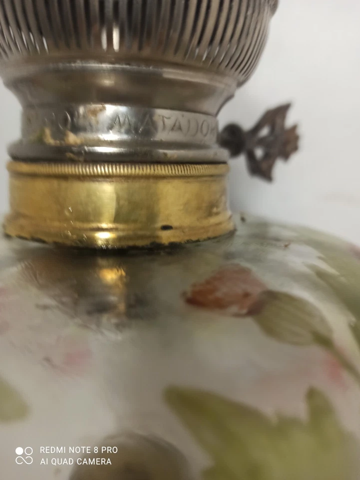 Grande Lampe à Pétrole verre fleuri,onyx et Bronze bec Matador - Photo 3/4