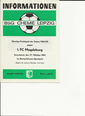 Lot of 5 soccer programs from East German Oberliga, 1984-85; BSG Chemie Leipzig