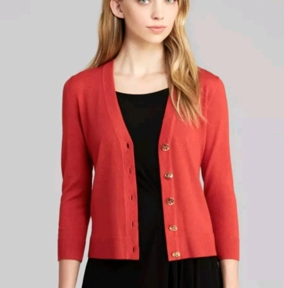 Maglione cardigan Tory Burch lana merino restrinto a costine aderente XXS