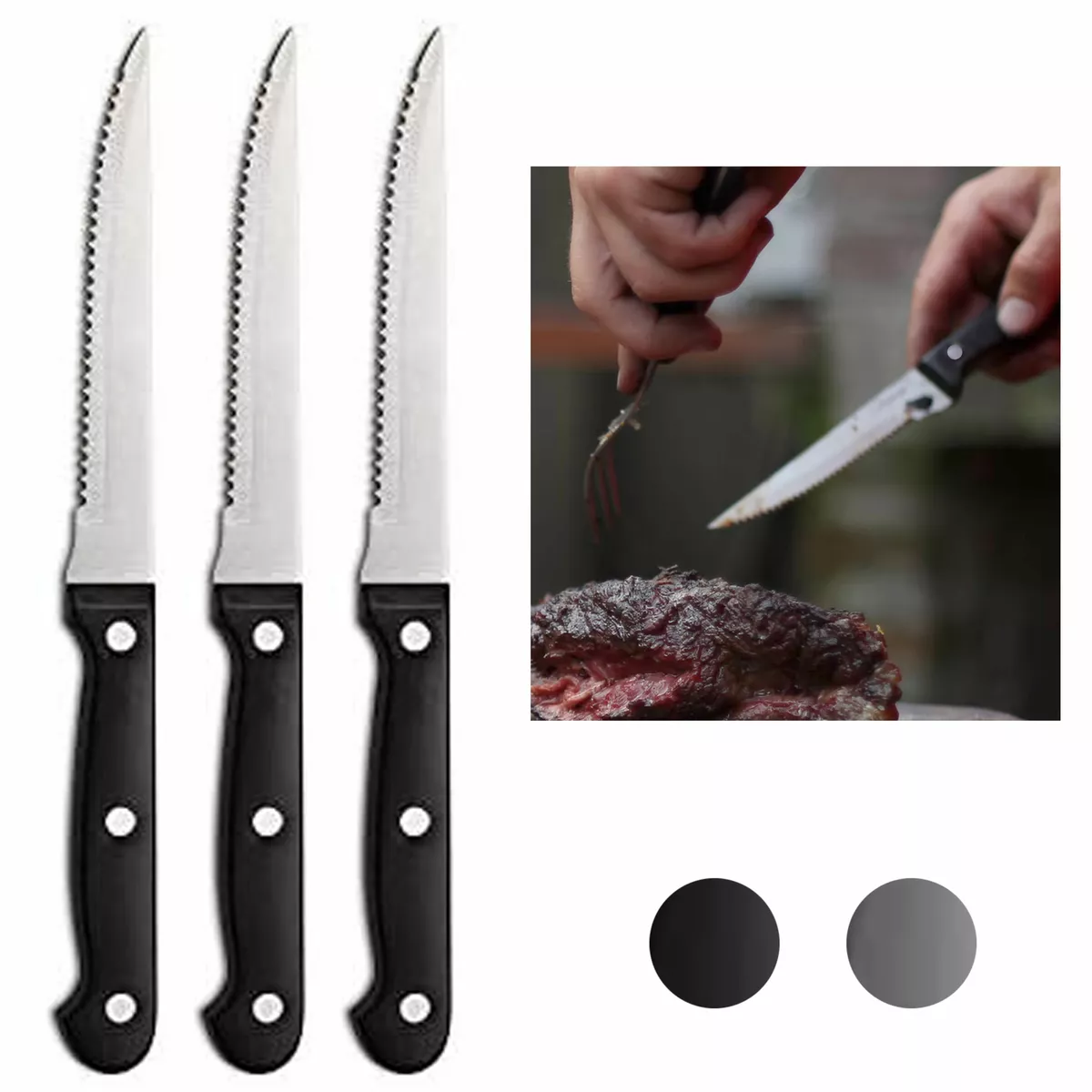 3 Pc Steak Knife Set Serrated Stainless Steel Knives Steakhouse Cutlery  Utensil