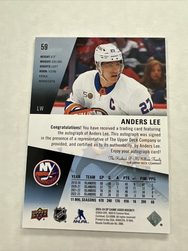 23-24 UD SP Juego Usado Hockey Anders Lee Tarjeta Automática Islanders - Imagen 2 de 3