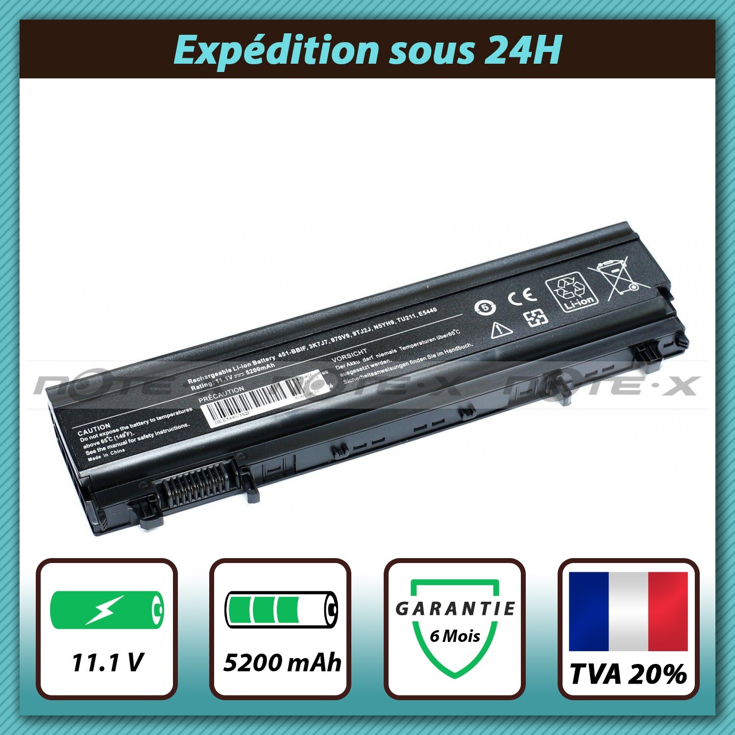 Batterie PC portable Dell Latitude 14 E5440 5115 rechargeable 11.1V 5200mAh
